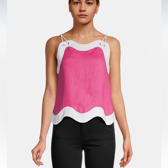 STAUD Tops - NWT STAUD Renata Linen Lace-Up Wavy Bib Top in Pink/ White Size S